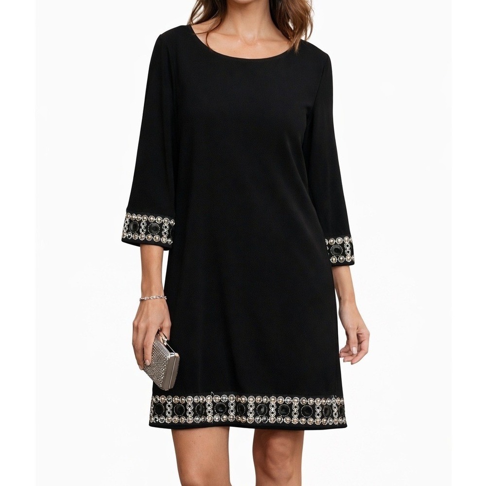 VTG Retro Mod LBD Womens Dress 10P Black Flowy Tunic Embellished Party Glam